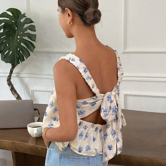 Blue And White Casual Women's Woven Jacquard Ruffle Hem Camisole - Picture 3 of 6